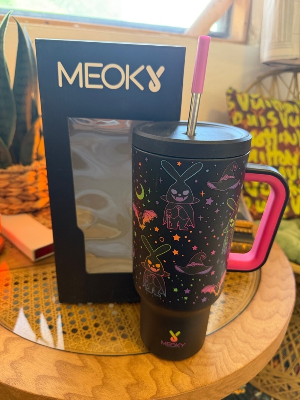 Pink Handle Halloween Bunny Stainless Drink Tumbler